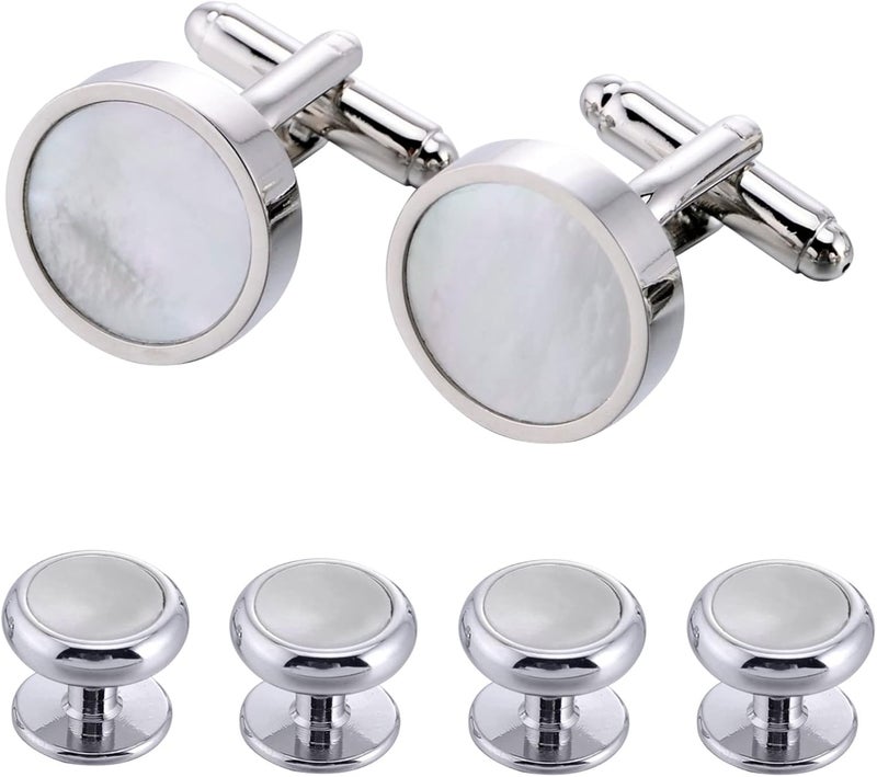 Jonwo Tuxedo Cufflinks and Studs Set Mother of Pearl Men Dress Cuff Links Buttons Set Formal Business Wedding - Image 1